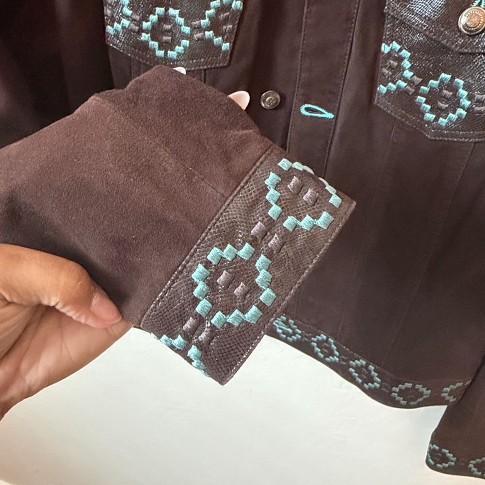 Scully Embroidered Western Leather Jacket Brown Turquoise Size Small - Picture 3 of 8